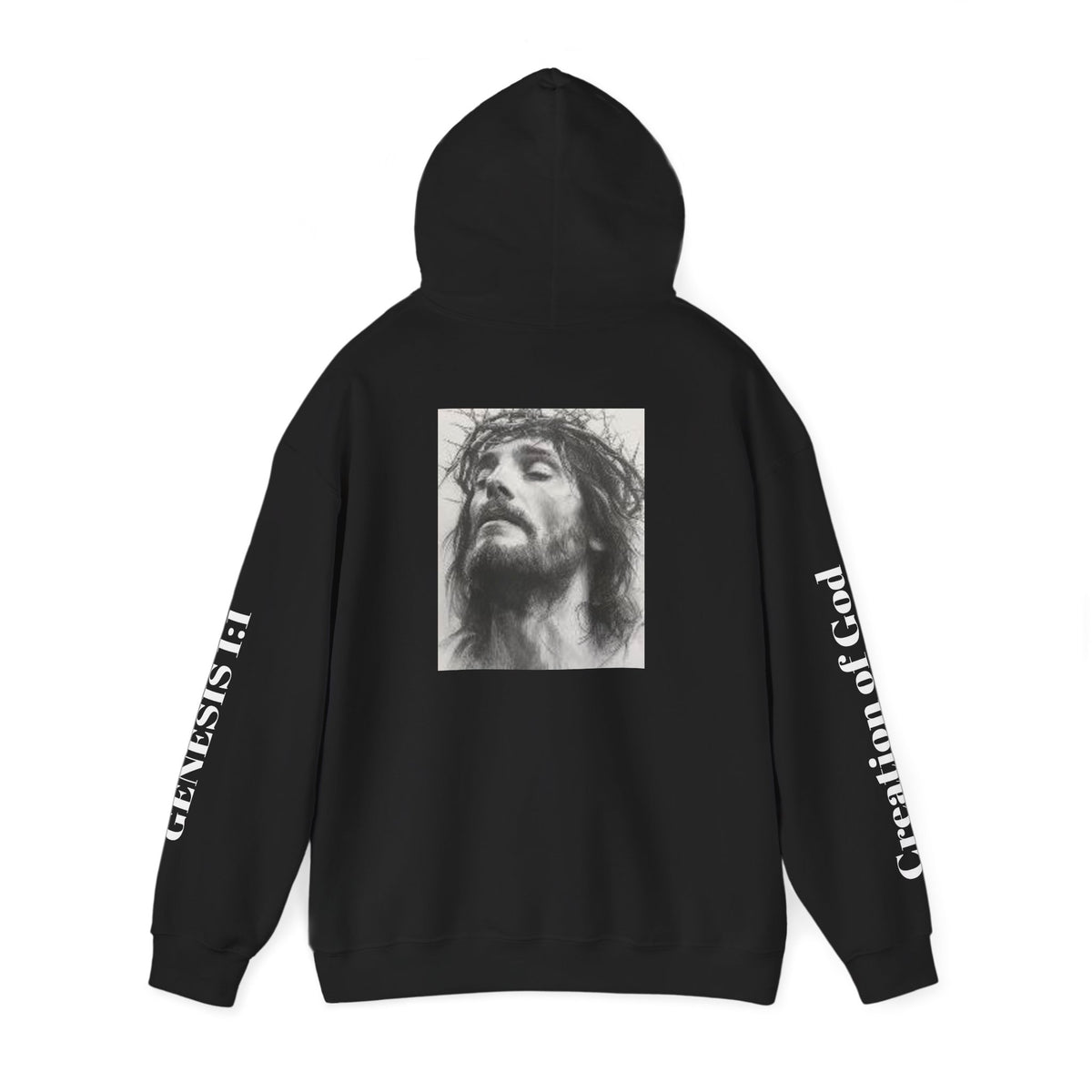 Jesus Portrait Hoodie — 'Jesus' Chest Script with 'Creation of God' Sleeve Graphic