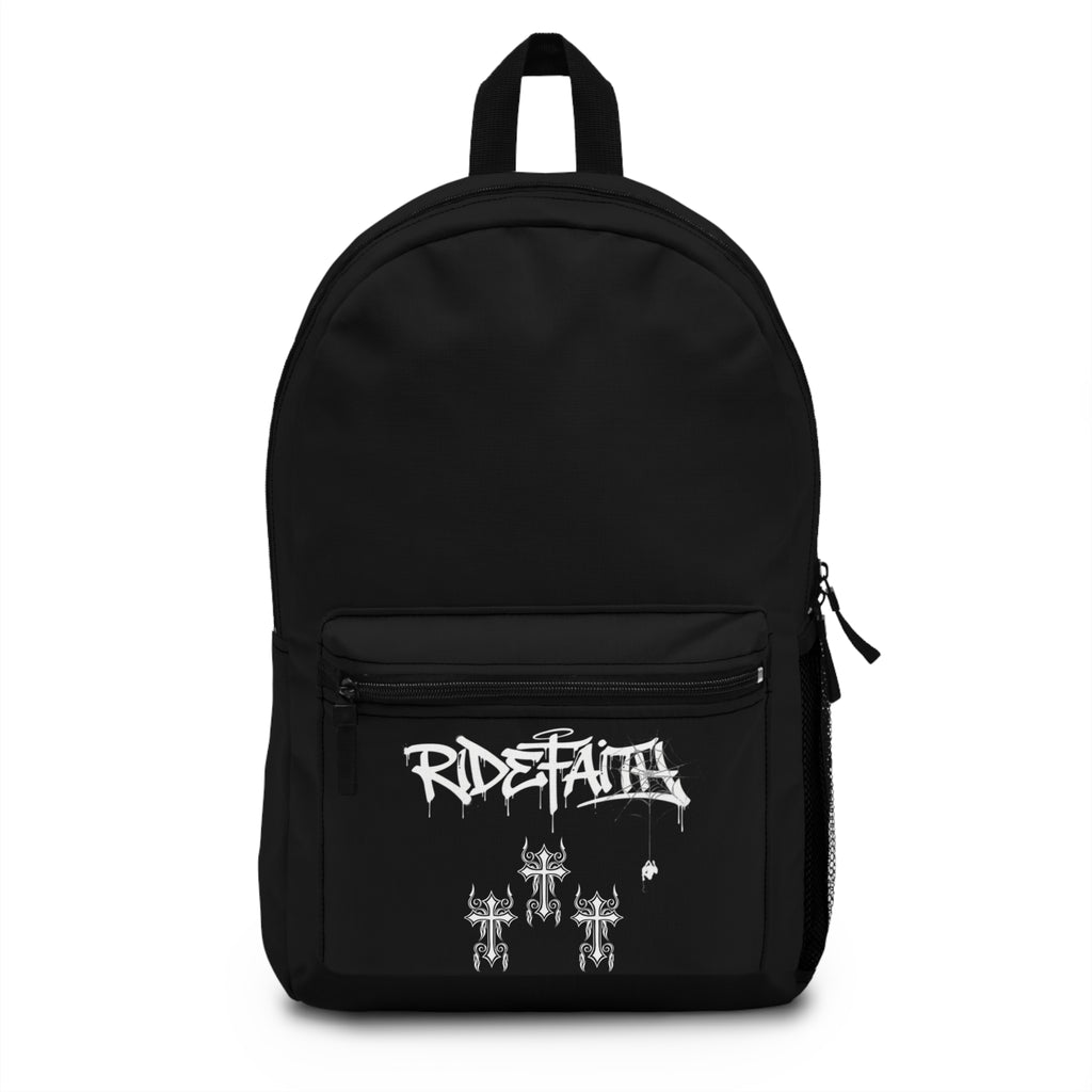 Ride Faith Gothic Logo Backpack — Black Graphic School & Travel Bag