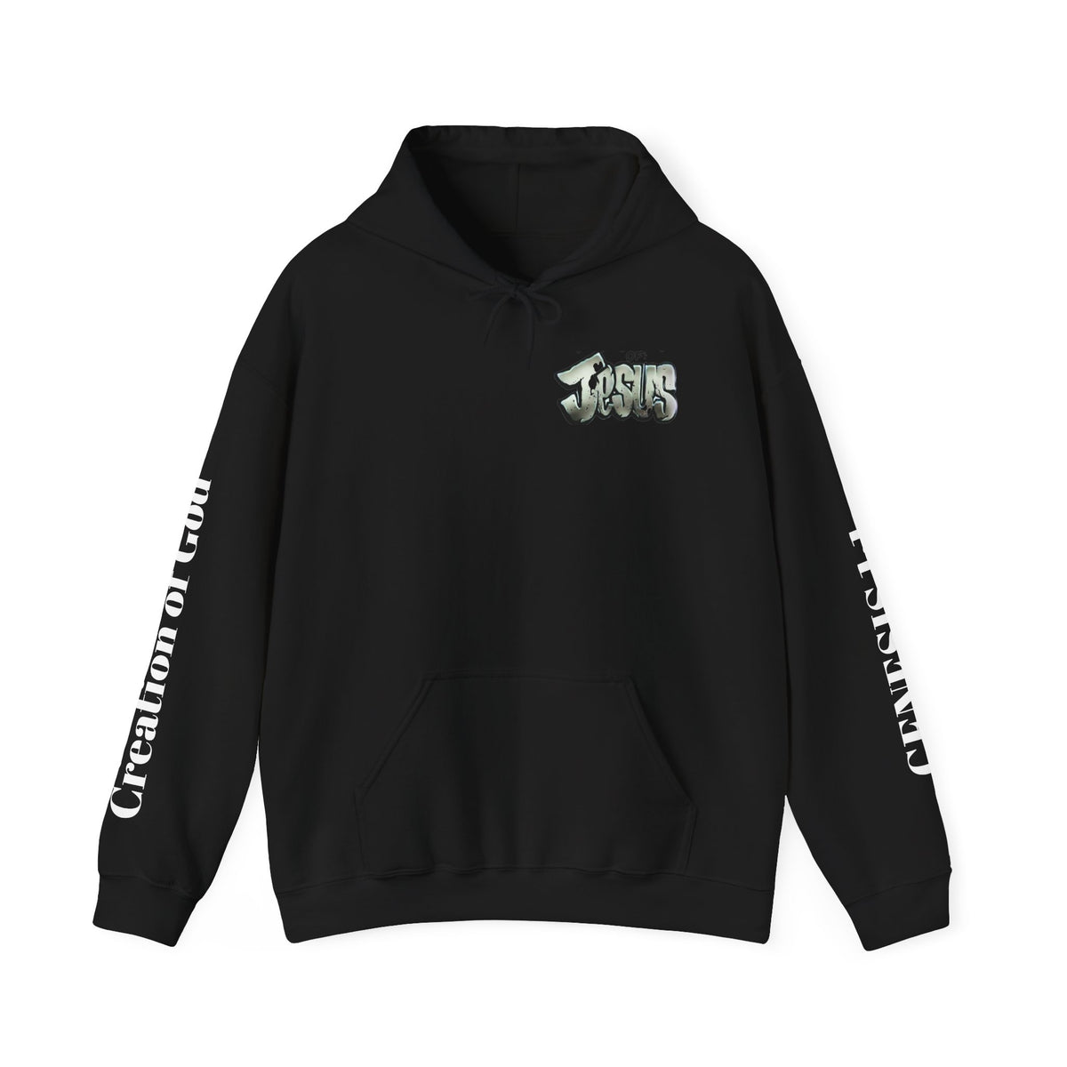 Jesus Portrait Hoodie — 'Jesus' Chest Script with 'Creation of God' Sleeve Graphic
