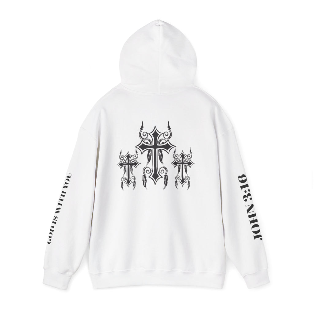 Christian Cross Hoodie — John 3:16 Scripture Pullover with Sleeve Text