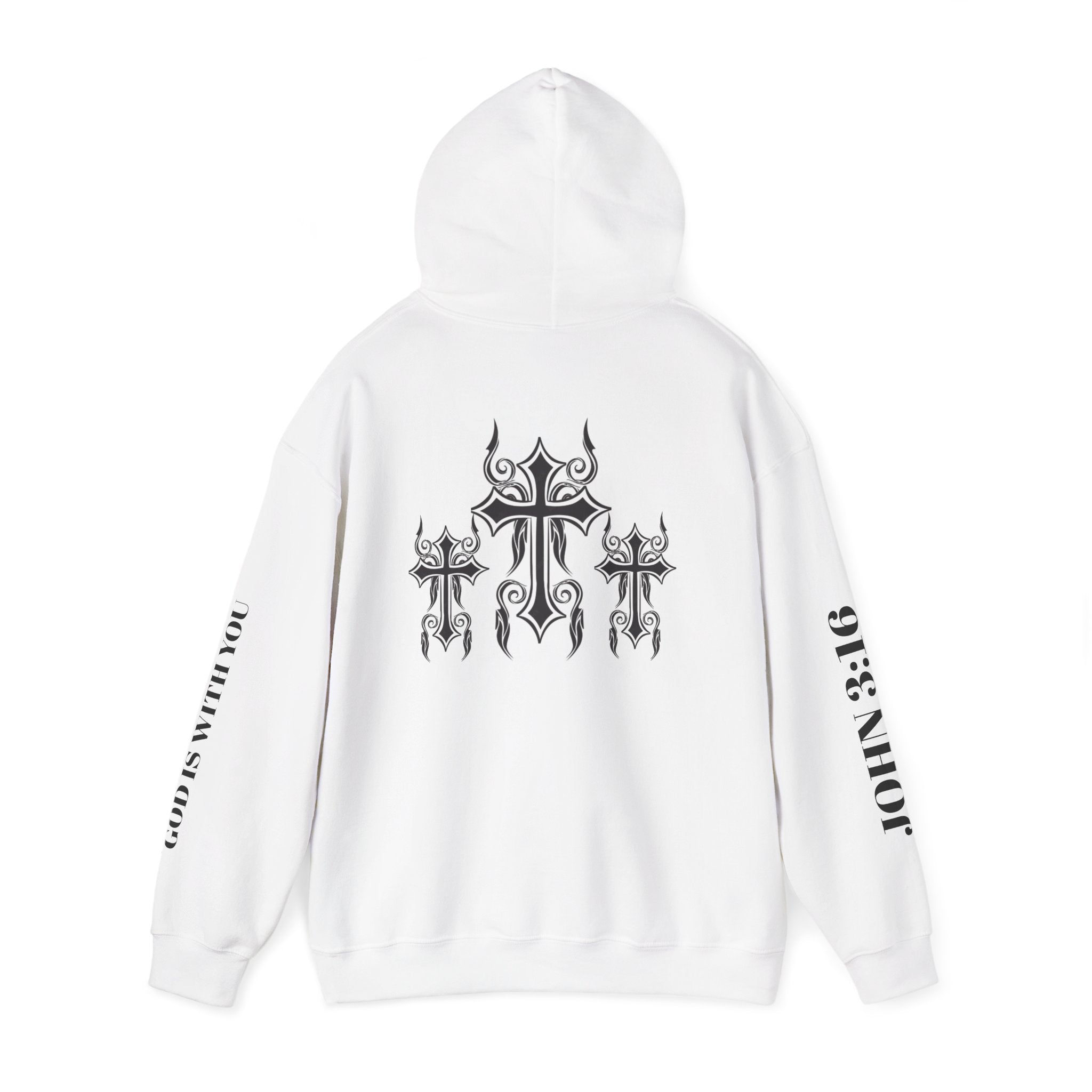 Christian Cross Hoodie — John 3:16 Scripture Pullover with Sleeve Text