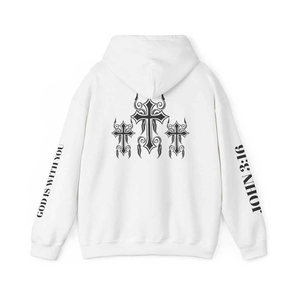 Christian Cross Hoodie — John 3:16 Scripture Pullover with Sleeve Text