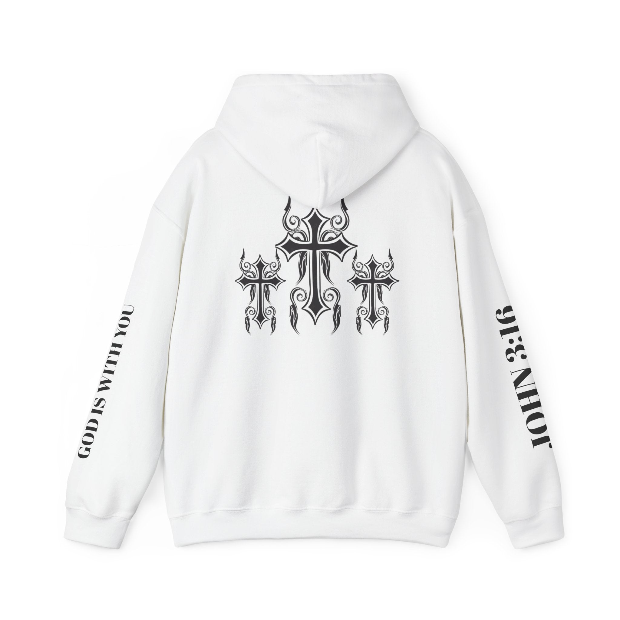 Christian Cross Hoodie — John 3:16 Scripture Pullover with Sleeve Text