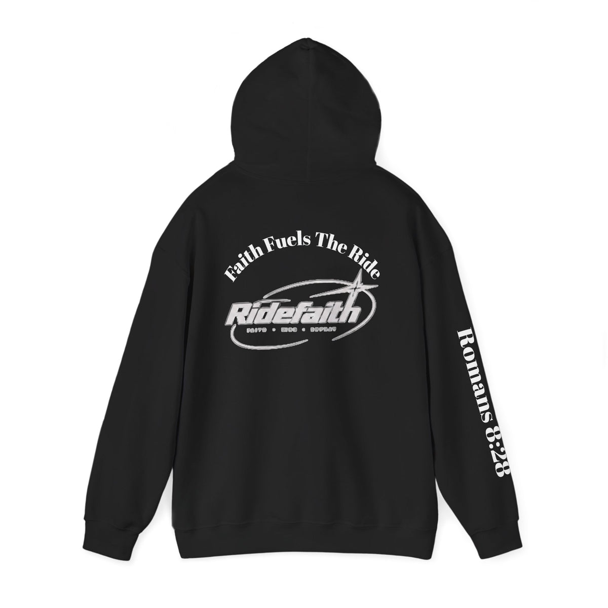 Faith Fuel Hoodie — "Faith Fuels the Ride" Romans 8:28 Graphic Hoodie