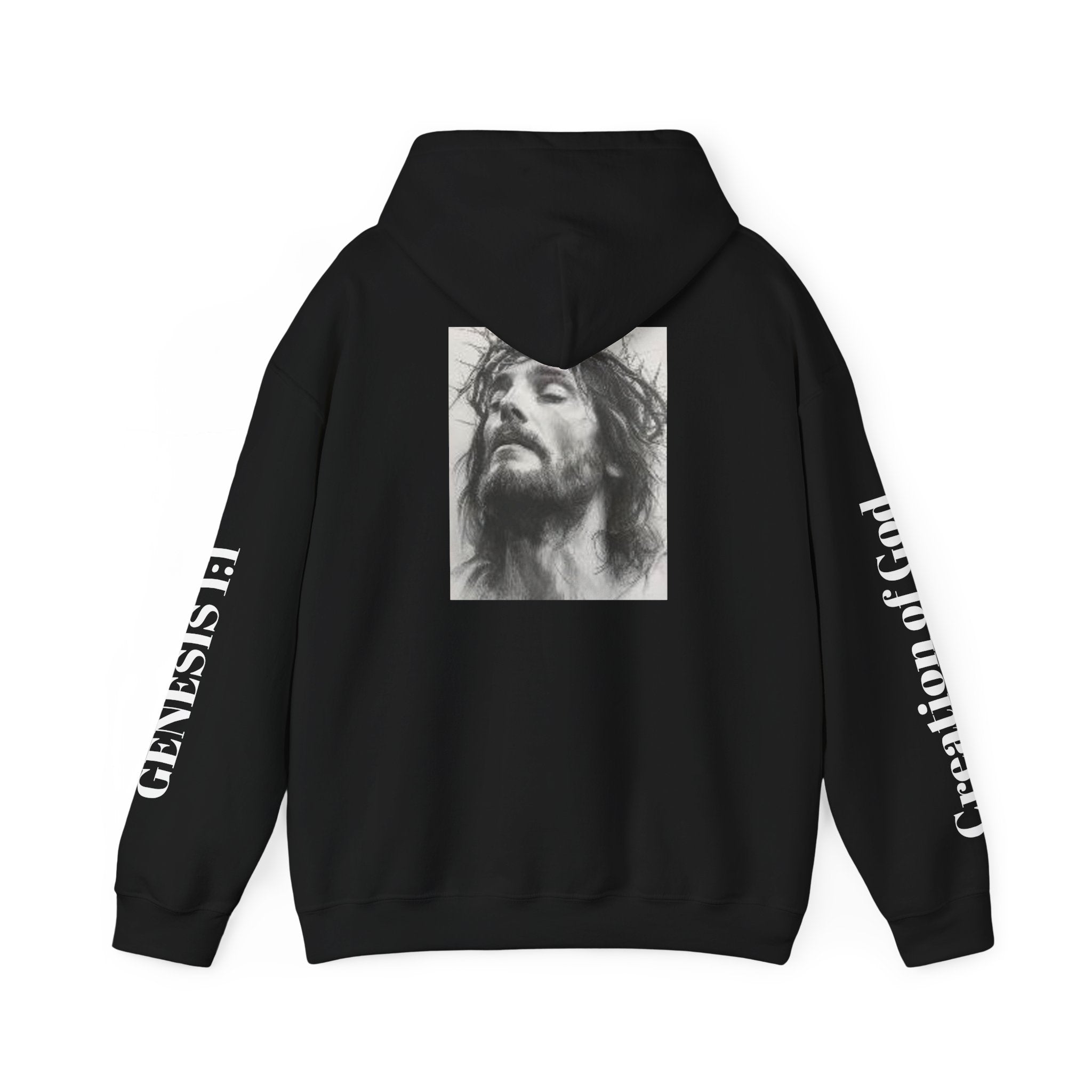 Jesus Portrait Hoodie — 'Jesus' Chest Script with 'Creation of God' Sleeve Graphic